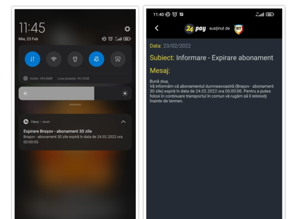 RATBV introduce notificarea de expirare a abonamentelor pentru posesorii de abonamente de transport achiziționate prin aplicația 24pay
