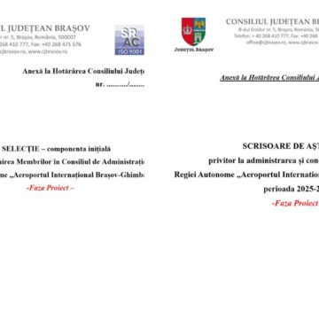 CJ Brașov a declanșat procedura de selecție a membrilor Consiliului de Administrație al Regiei Autonome „Aeroportul International Brasov-Ghimbav”. Cei interesați pot face propuneri pentru „Planul de selecție” și „Scrisoarea de așteptări”