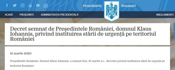Decret semnat de Președintele României, domnul Klaus Iohannis, privind instituirea stării de urgență pe teritoriul României