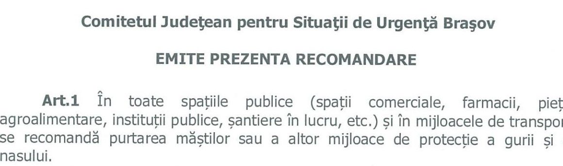 Comitetul Județean pentru Situații de Urgență Brașov recomandă purtarea măștilor în toate spațiile publice