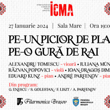 Concert de gală cu Alexandru Tomescu, Ioan-Dragoș Dimitriu, Răzvan Popovici și invitați din străinătate, pe 27 ianuarie la Sala Patria