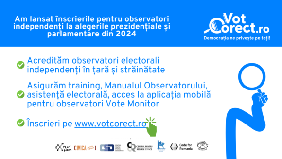 Coaliția VotCorect desfășoară campania de înscrieri pentru observatori electorali la alegerile prezidențiale și parlamentare din 2024