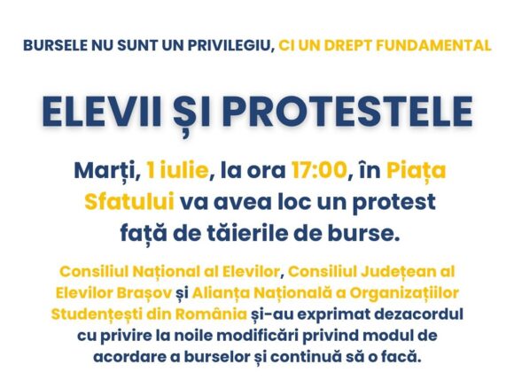 Consiliul Elevilor Brașov: Bursele nu sunt un moft, ci o necesitate. Protest – 1 iulie, Piața Sfatului, ora 17:00