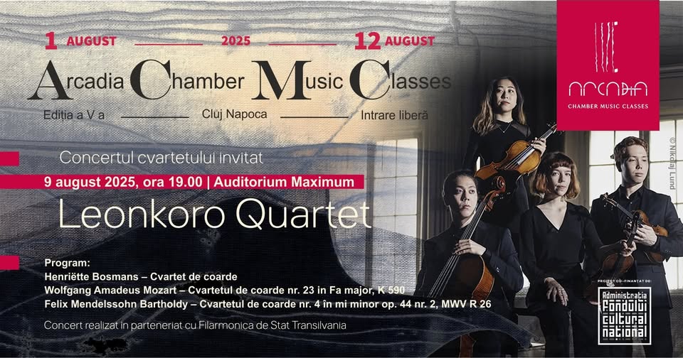 Cvartetul Leonkoro își face debutul românesc cu un concert inedit în cadrul Arcadia CHAMBER MUSIC CLASSES – 2025 Cvartetul Leonkoro își face debutul românesc cu un concert inedit în cadrul Arcadia CHAMBER MUSIC CLASSES – 2025
