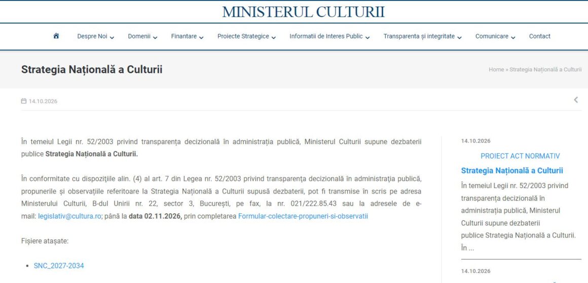 Ministerul Culturii a pus în consultare publică Strategia Națională a Culturii pentru perioada 2027 – 2034 Ministerul Culturii a pus în consultare publică Strategia Națională a Culturii pentru perioada 2027 – 2034