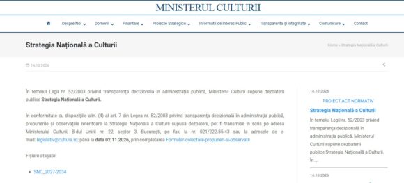 Ministerul Culturii a pus în consultare publică Strategia Națională a Culturii pentru perioada 2027 – 2034