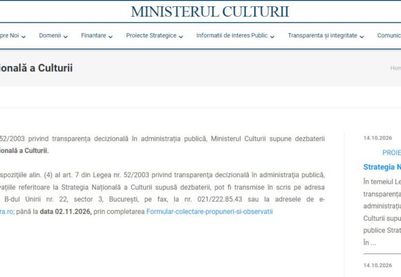 Ministerul Culturii a pus în consultare publică Strategia Națională a Culturii pentru perioada 2027 – 2034 Ministerul Culturii a pus în consultare publică Strategia Națională a Culturii pentru perioada 2027 – 2034